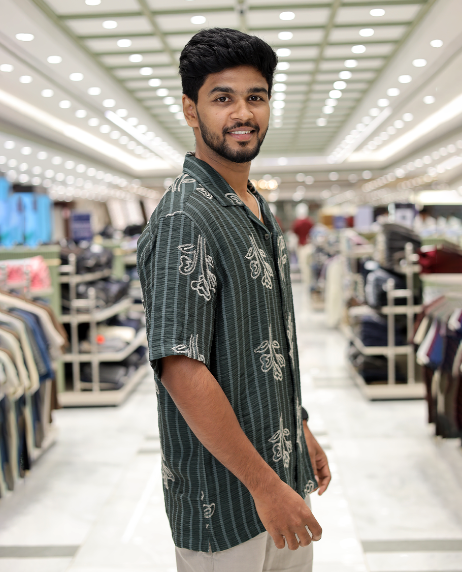Green Cotton-Blended Casual Shirt, Delicately Woven with Stripes-Floral Motifs Embroidery, a Half-Sleeve, a Cuban Collar, a Boxy Fit, and Regular Length