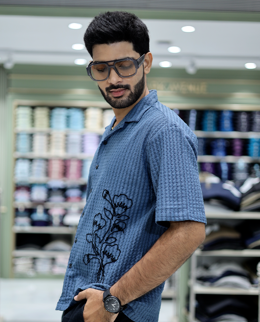 Blue Cotton-Blended Casual Shirt Features Floral Embroidery, Half Sleeves, a Cuban Collar, a Boxy Fit, and a Regular Length