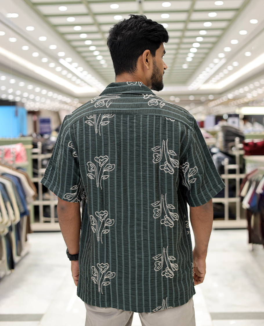 Green Cotton-Blended Casual Shirt, Delicately Woven with Stripes-Floral Motifs Embroidery, a Half-Sleeve, a Cuban Collar, a Boxy Fit, and Regular Length
