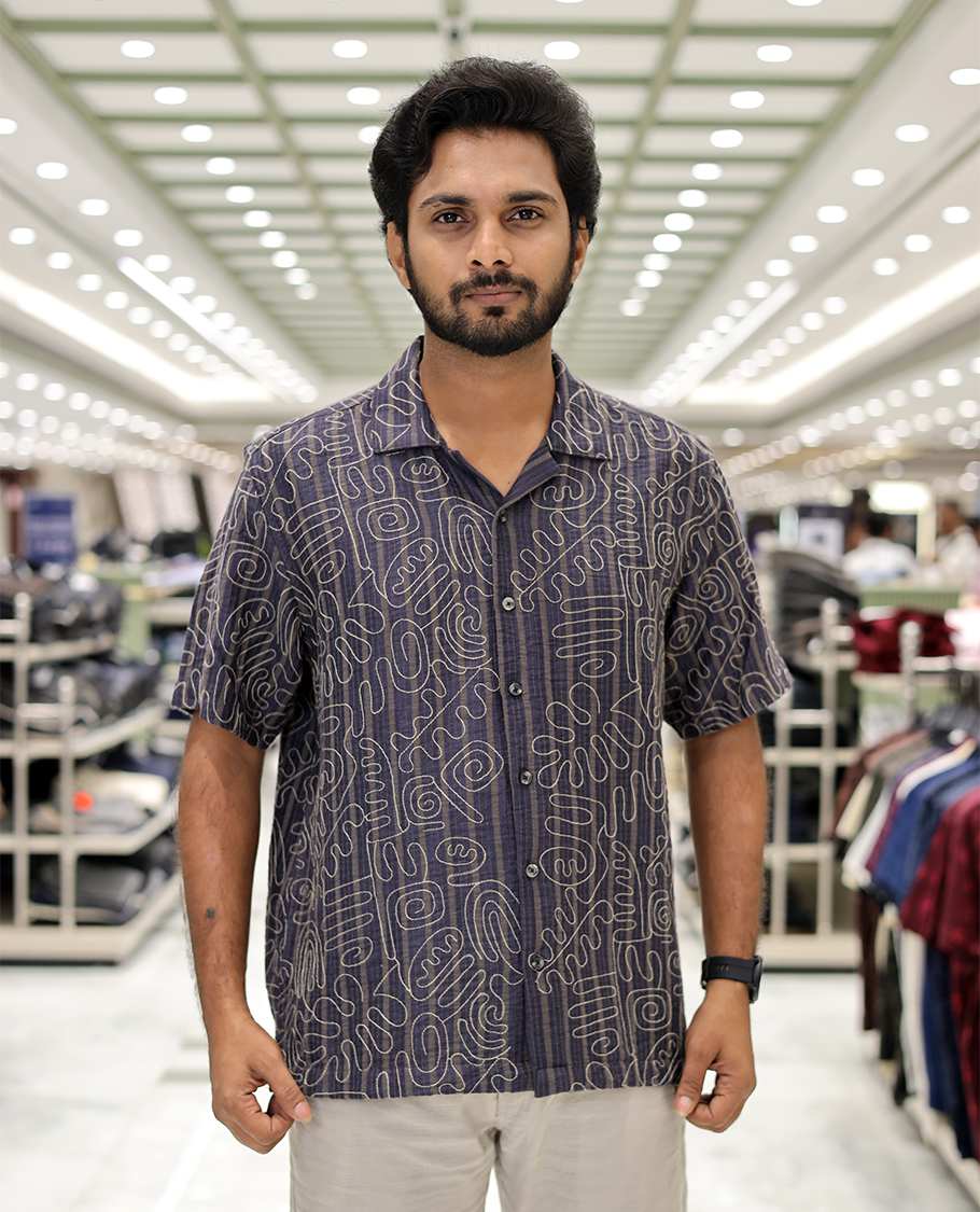 Navy Cotton-Blended Casual Shirt, Delicately Woven with Geometric Thread Outline Embroidery, a Half-Sleeve, a Cuban Collar, a Boxy Fit, and Regular Length