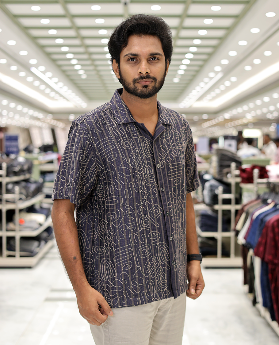 Navy Cotton-Blended Casual Shirt, Delicately Woven with Geometric Thread Outline Embroidery, a Half-Sleeve, a Cuban Collar, a Boxy Fit, and Regular Length