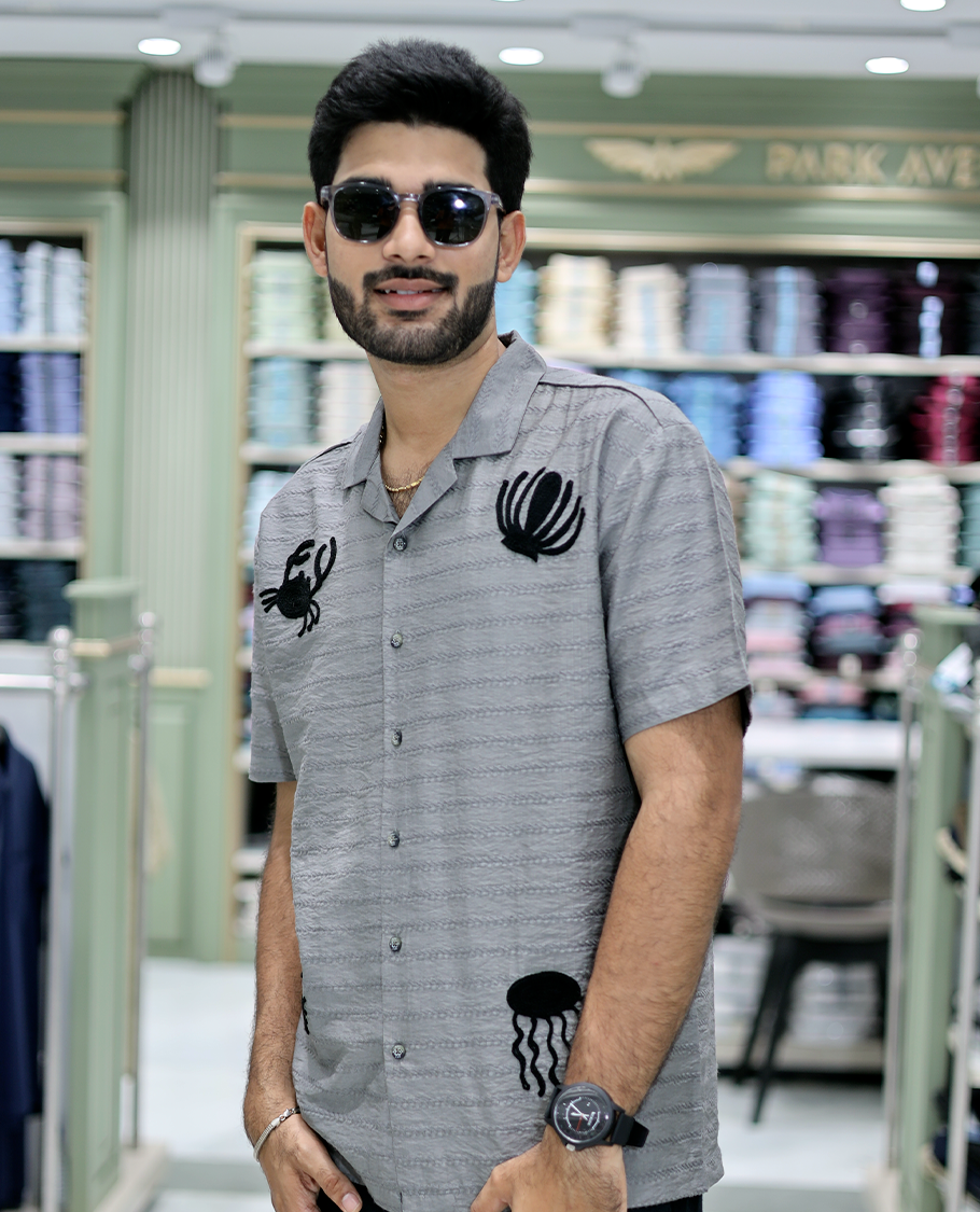 Grey Cotton-Blended Casual Shirt Comes with Sea-Themed Embroidery, Half Sleeves, a Cuban Collar, a Boxy Fit, and a Regular Length