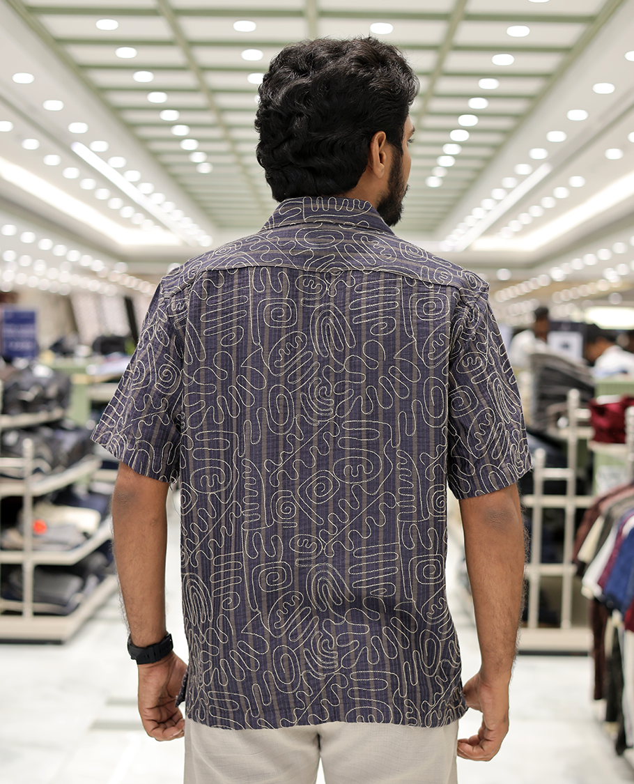 Navy Cotton-Blended Casual Shirt, Delicately Woven with Geometric Thread Outline Embroidery, a Half-Sleeve, a Cuban Collar, a Boxy Fit, and Regular Length