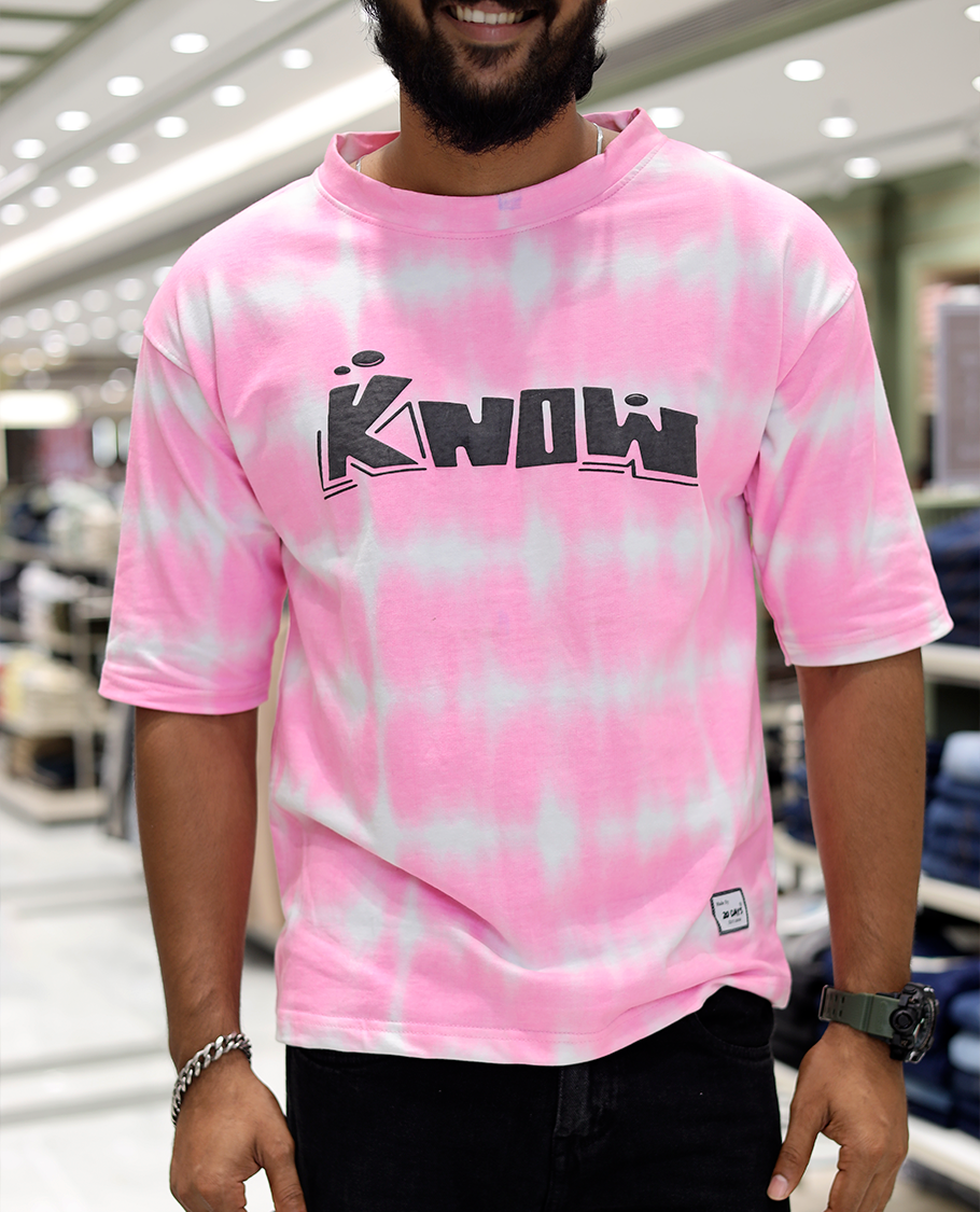 Pink Oversized Cotton-Blended T-Shirt Features an Abstract Dyed Typography Print, Half-Sleeves, Crew Neck, and Regular Length