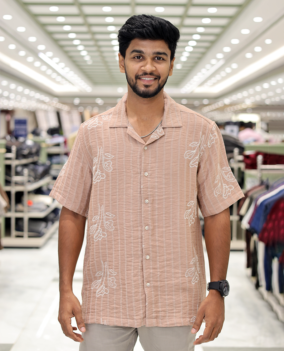 Salmon Cotton-Blended Casual Shirt, Delicately Woven with Stripes-Floral Motifs Embroidery, a Half-Sleeve, a Cuban Collar, a Boxy Fit, and Regular Length