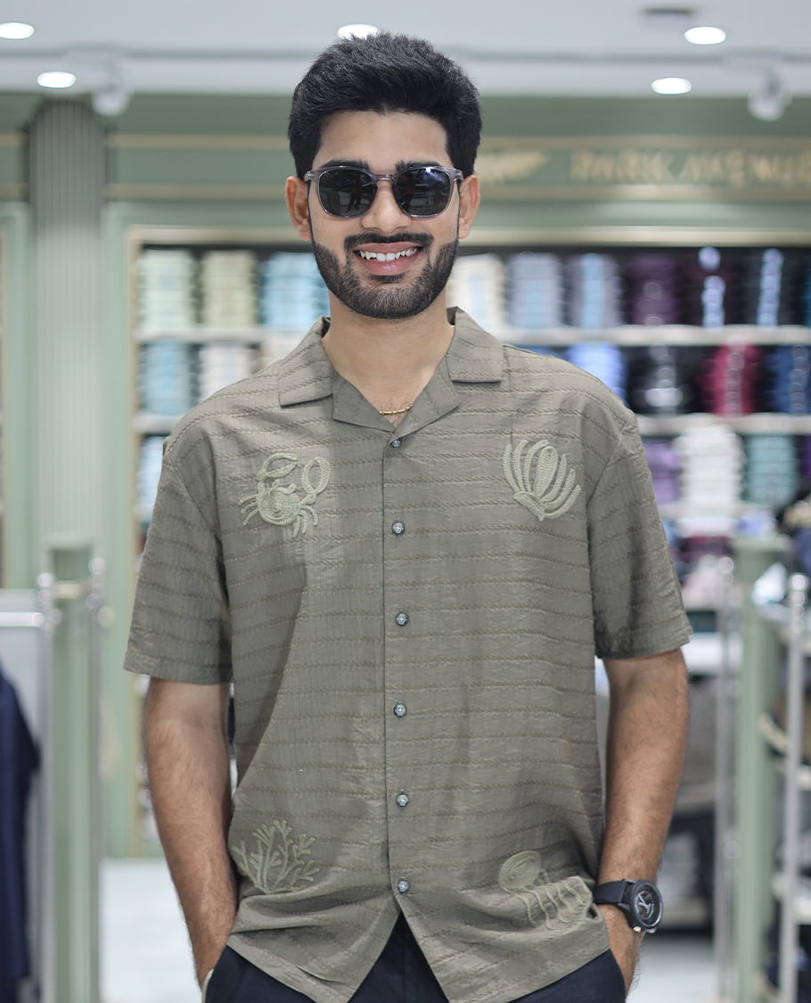 Green Cotton-Blended Casual Shirt Comes with Sea-Themed Embroidery, Half Sleeves, a Cuban Collar, a Boxy Fit, and a Regular Length