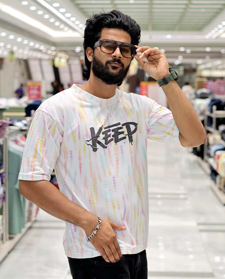 White Oversized Cotton-Blended T-Shirt Features an Abstract Dyed Typography Print, Half-Sleeves, Crew Neck, and Regular Length