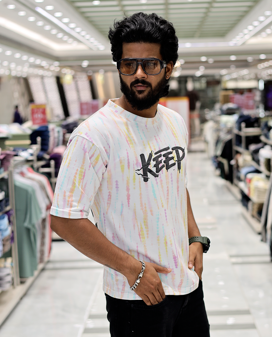White Oversized Cotton-Blended T-Shirt Features an Abstract Dyed Typography Print, Half-Sleeves, Crew Neck, and Regular Length