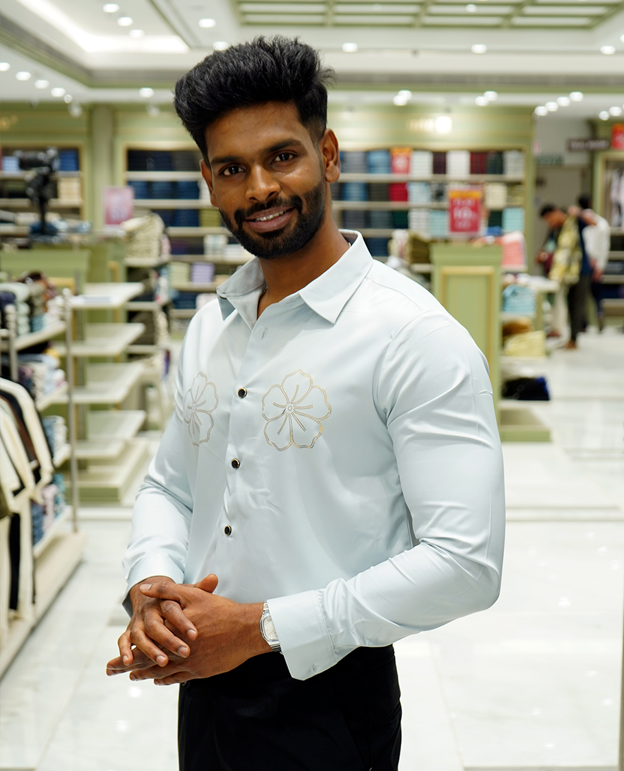 Light Blue Designer Party Wear Shirt Features Flower Work, a Spread Collar, Full Sleeves, a Slim Fit, and Regular Length