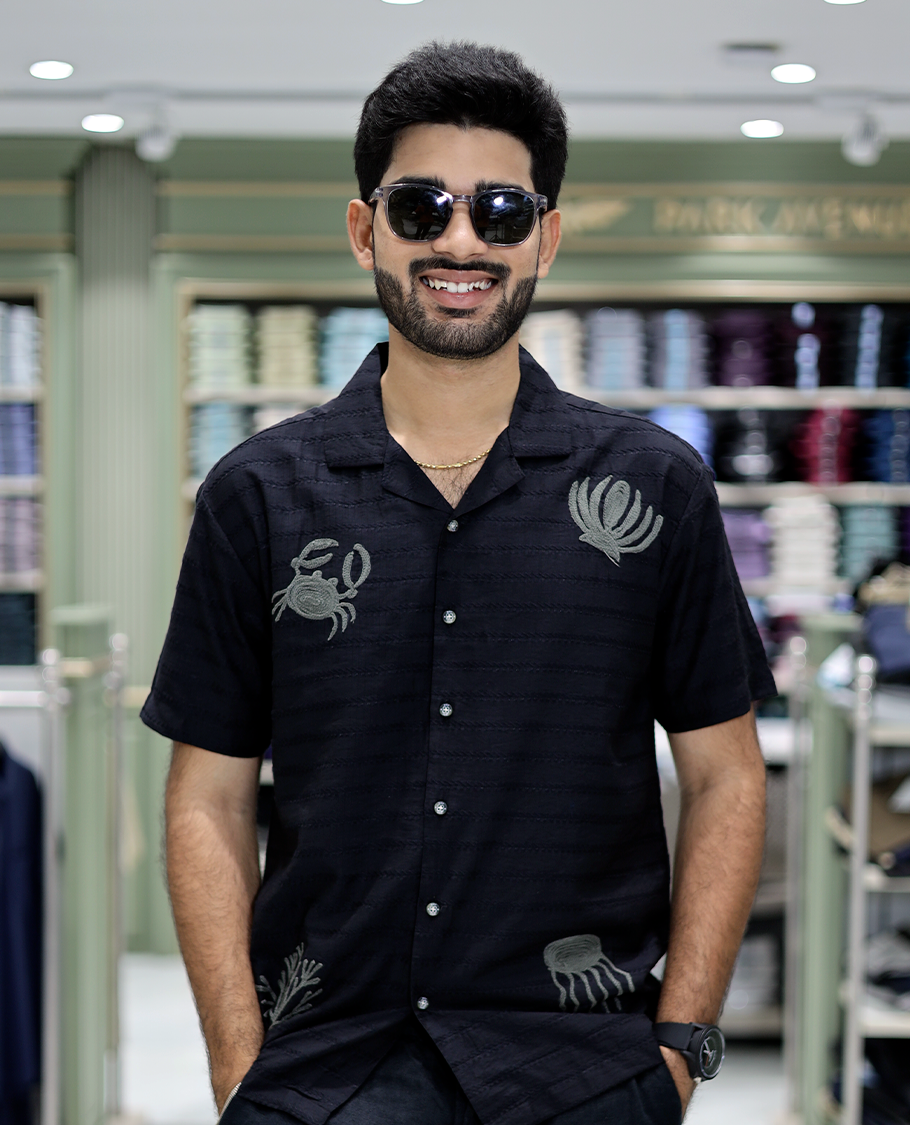 Black Cotton-Blended Casual Shirt Comes with Sea-Themed Embroidery, Half Sleeves, a Cuban Collar, a Boxy Fit, and a Regular Length