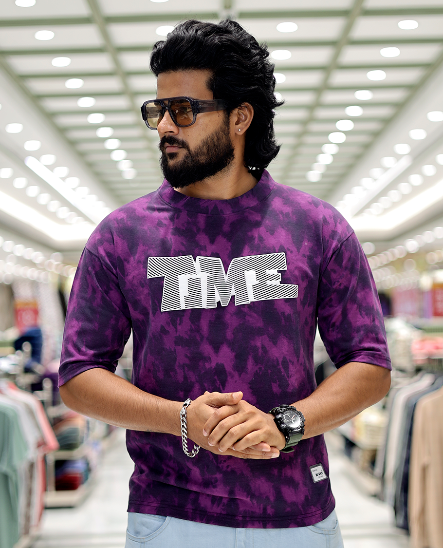 Purple Oversized Cotton-Blended T-Shirt Features an Abstract Dyed Typography Print, Half-Sleeves, Crew Neck, and Regular Length