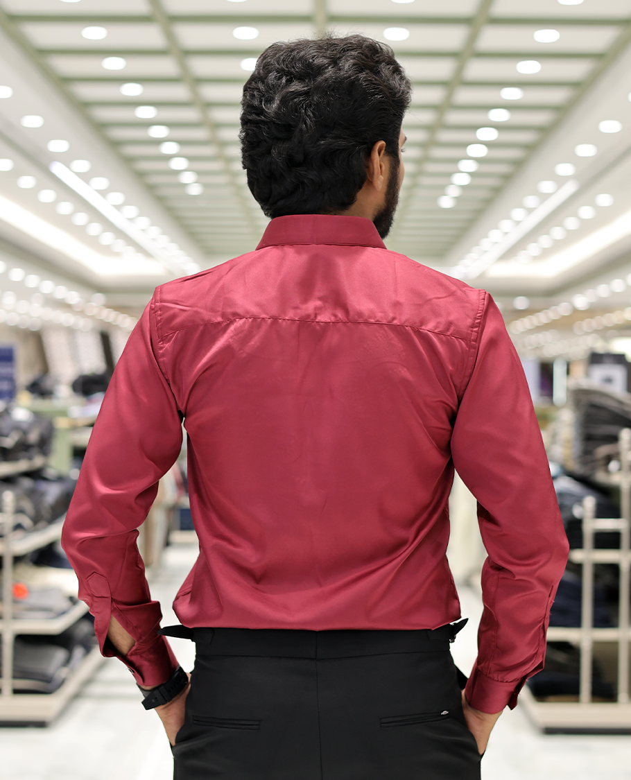 Red Poly-Blended Party Wear Shirt, Features Vines-Themed Stone Work, Full Sleeves, a Spread Collar, Slim Fit, and Regular Length
