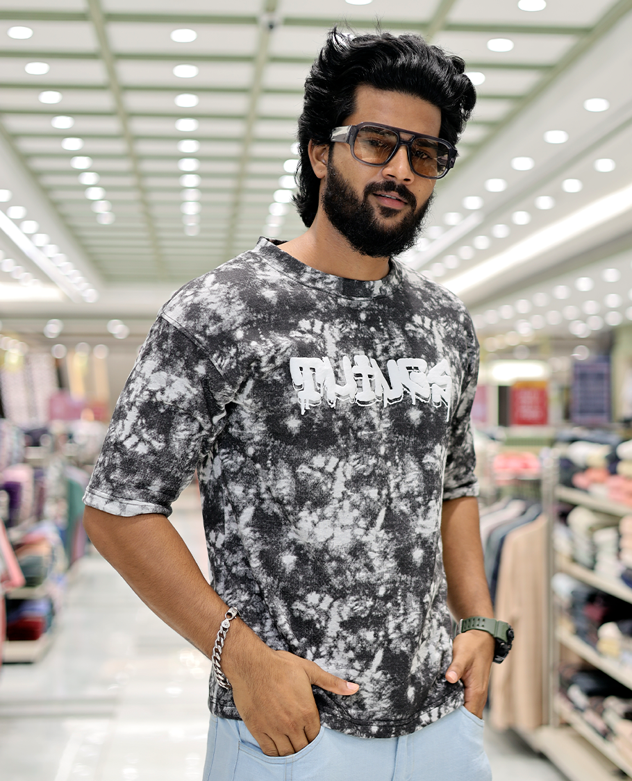 Grey Oversized Cotton-Blended T-Shirt Features an Abstract Dyed Typography Print, Half-Sleeves, Crew Neck, and Regular Length