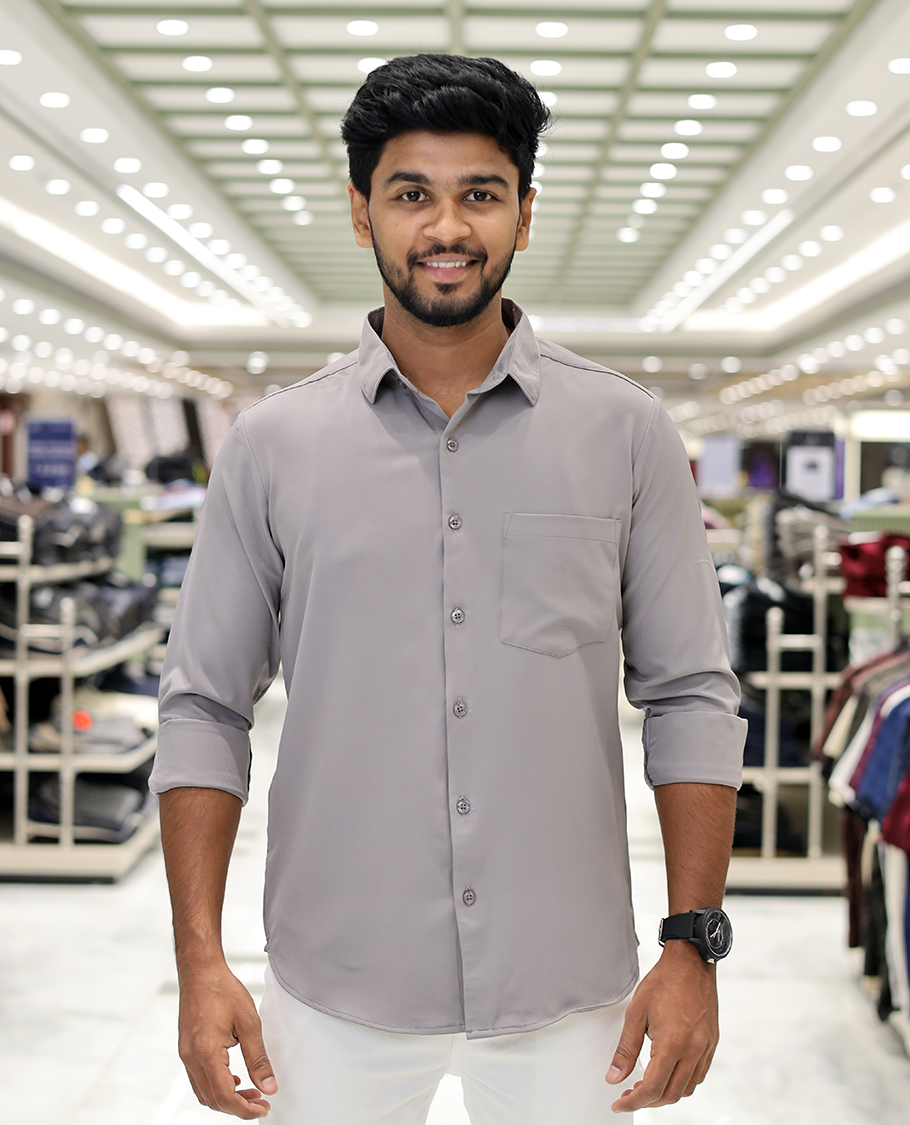 Grey Plain Cotton-Blended Casual Shirt, Comes with Full Sleeves, a Spread Collar, a Slim Fit, and Regular Length