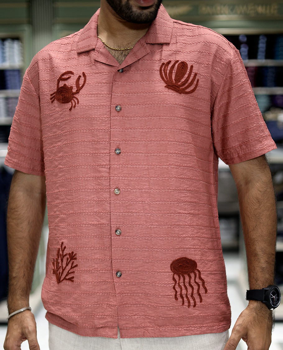 Salmon Cotton-Blended Casual Shirt Comes with Sea-Themed Embroidery, Half Sleeves, a Cuban Collar, a Boxy Fit, and a Regular Length