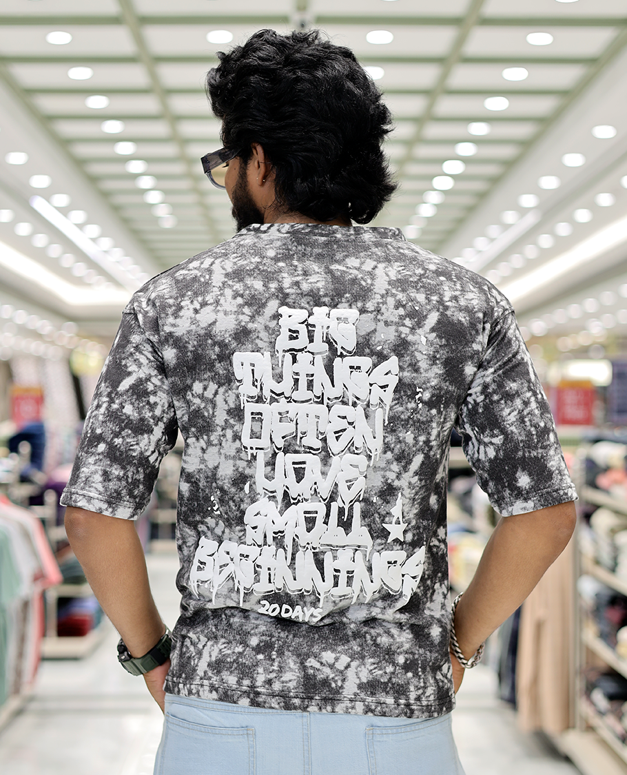 Grey Oversized Cotton-Blended T-Shirt Features an Abstract Dyed Typography Print, Half-Sleeves, Crew Neck, and Regular Length