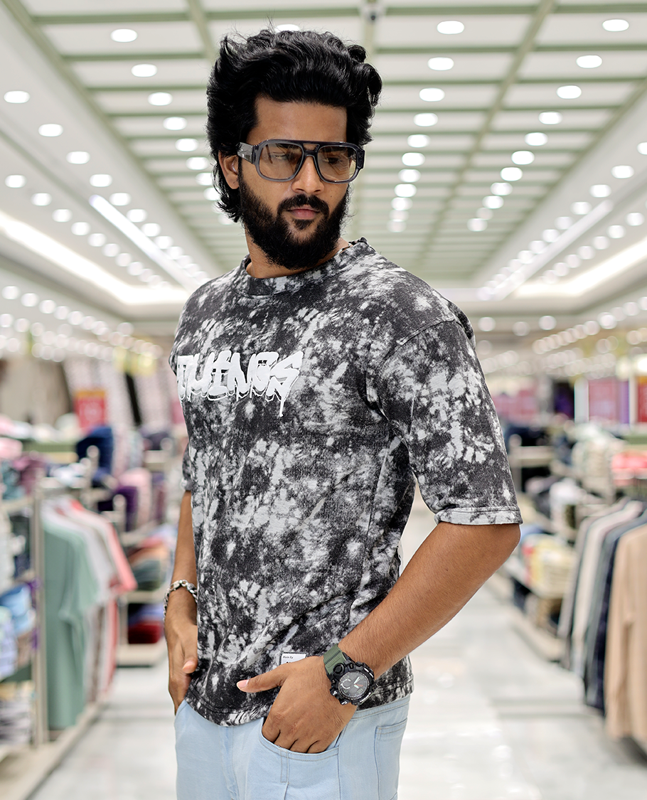 Grey Oversized Cotton-Blended T-Shirt Features an Abstract Dyed Typography Print, Half-Sleeves, Crew Neck, and Regular Length