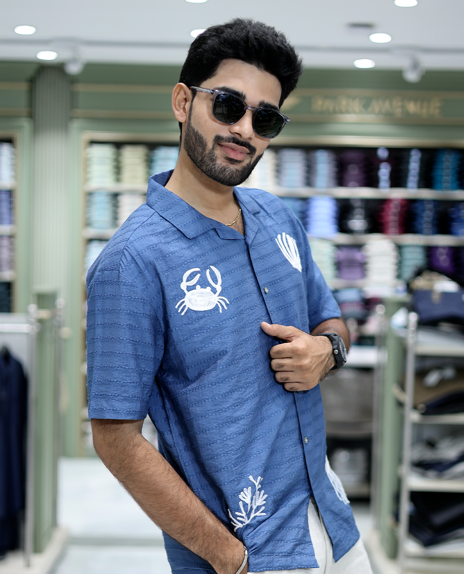 Blue Cotton-Blended Casual Shirt Comes with Sea-Themed Embroidery, Half Sleeves, a Cuban Collar, a Boxy Fit, and a Regular Length