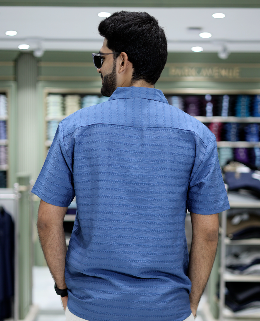 Blue Cotton-Blended Casual Shirt Comes with Sea-Themed Embroidery, Half Sleeves, a Cuban Collar, a Boxy Fit, and a Regular Length