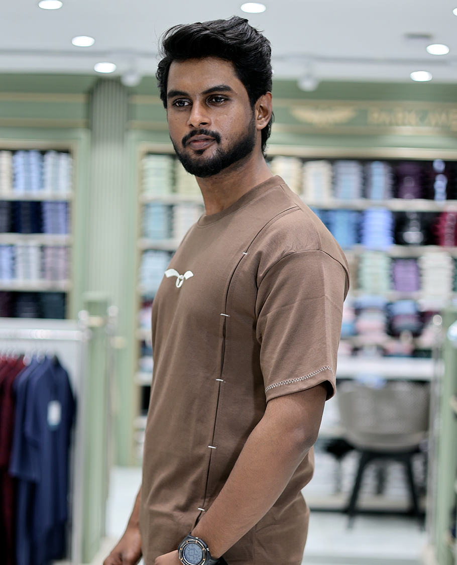 Brown Solid Cotton-Blended T-Shirt Features Half Sleeves, a Crew Neck, a Regular Fit, and a Regular Length