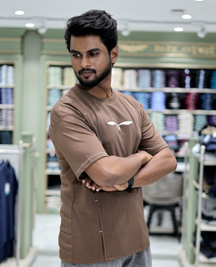 Brown Solid Cotton-Blended T-Shirt Features Half Sleeves, a Crew Neck, a Regular Fit, and a Regular Length