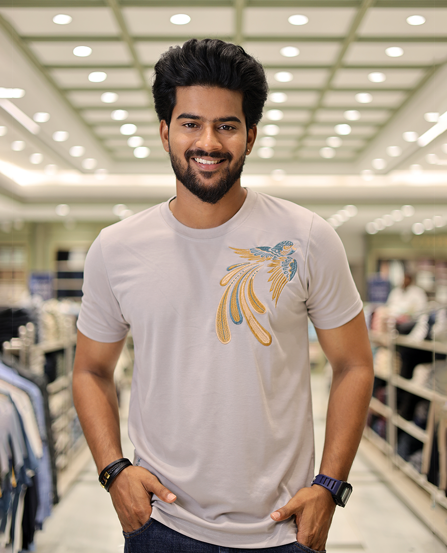 Light Grey Cotton-Blended T-Shirt Comes with Bird Motifs Embroidery, Half-Sleeves, a Crew Neck, a Slim Fit, and Regular Length