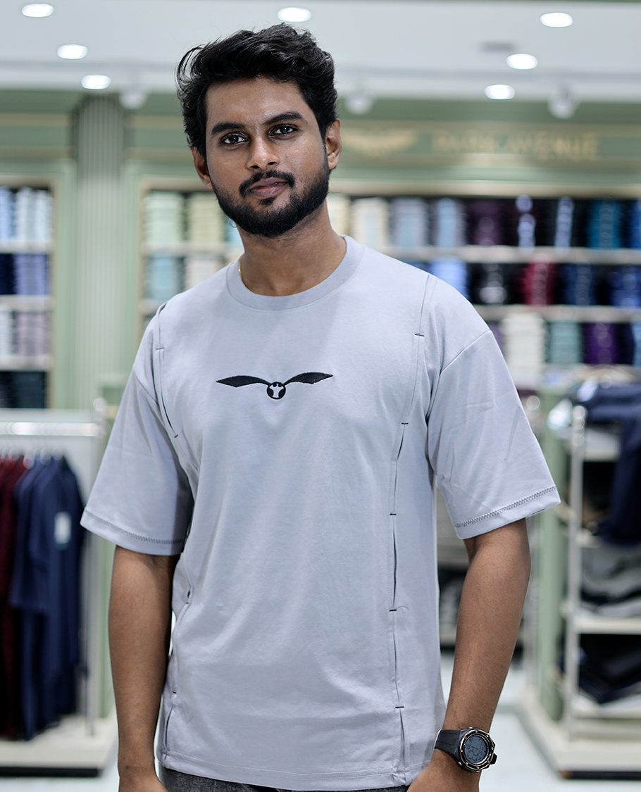 Grey Solid Cotton-Blended T-Shirt Features Half Sleeves, a Crew Neck, a Regular Fit, and a Regular Length