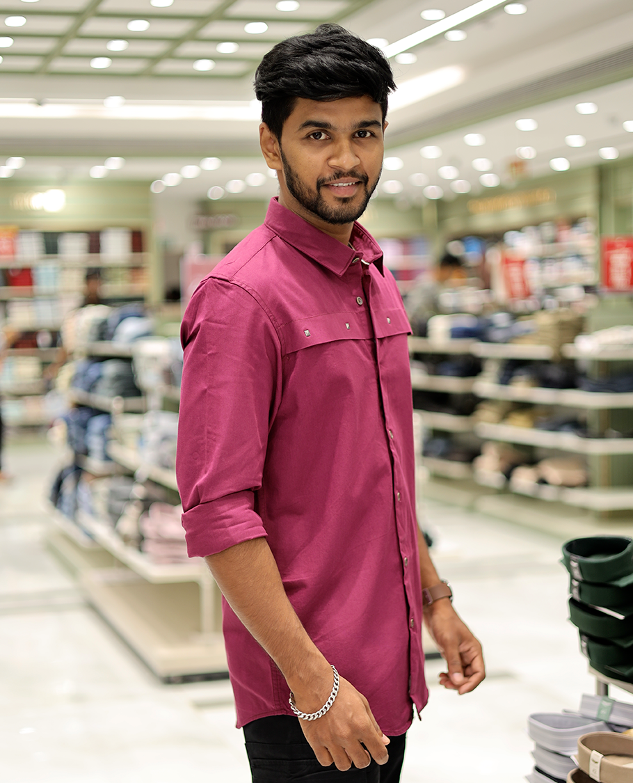 Magenta Cotton-Blended Casual Shirt Features Life-Quotes Backprint, Full-Sleeves, a Spread Collar, a Regular Fit, and a Regular Length