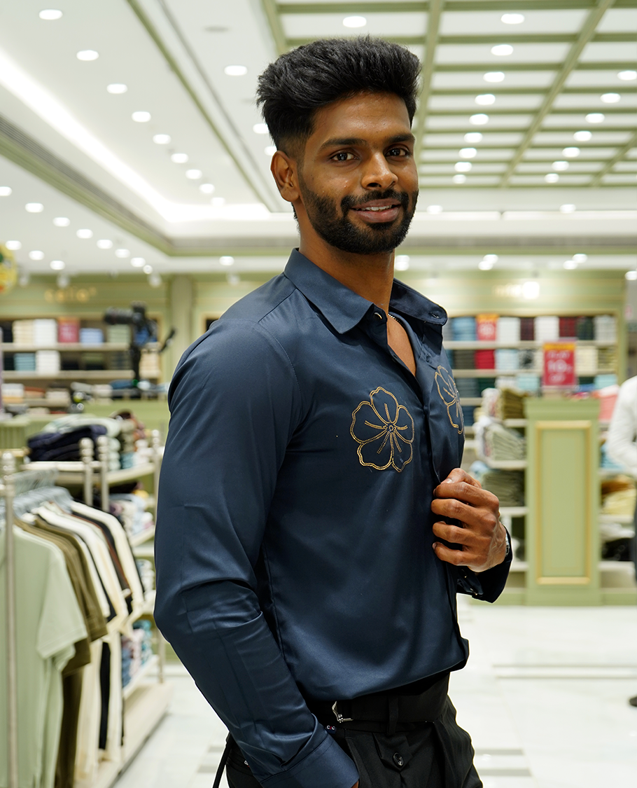 Navy Designer Party Wear Shirt Features Flower Work, a Spread Collar, Full Sleeves, a Slim Fit, and Regular Length