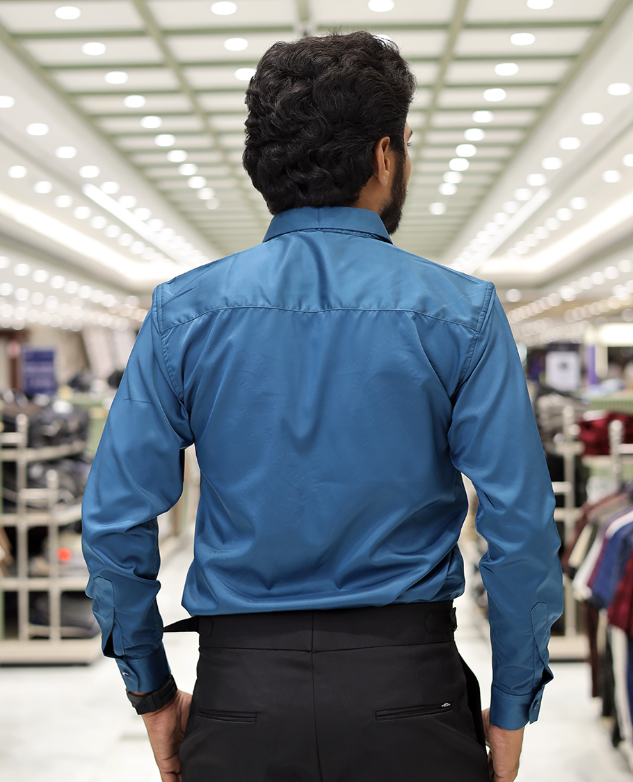 Peacock Blue Poly-Blended Party Wear Shirt, Features Vines-Themed Stone Work, Full Sleeves, a Spread Collar, Slim Fit, and Regular Length