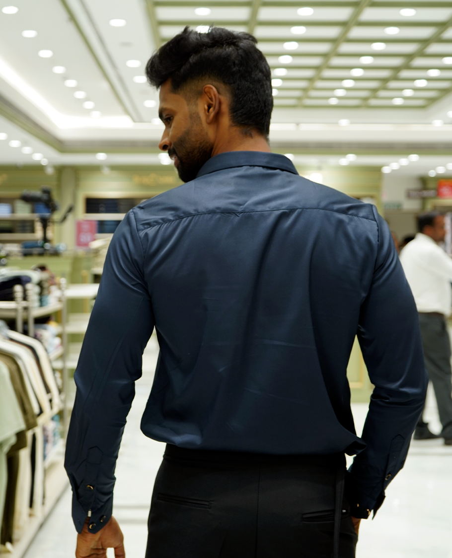 Navy Designer Party Wear Shirt Features Flower Work, a Spread Collar, Full Sleeves, a Slim Fit, and Regular Length