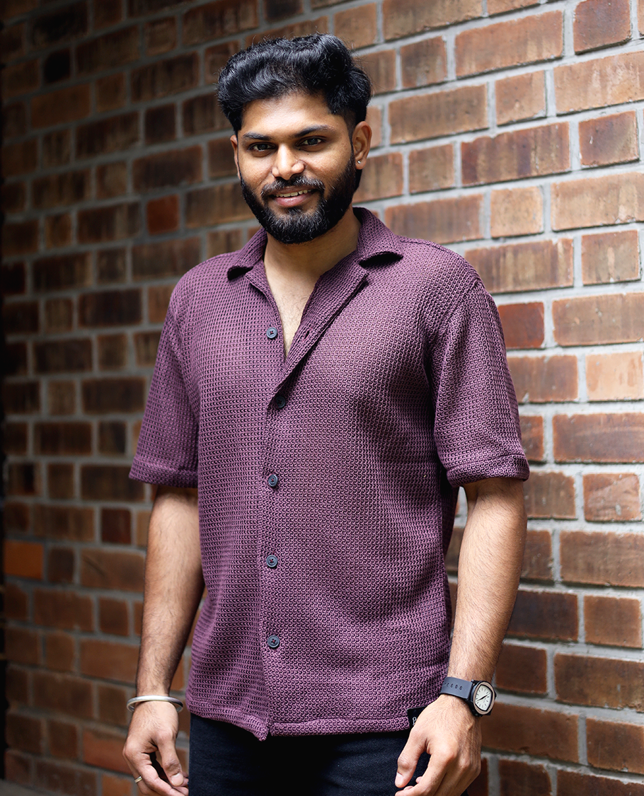 Maroon Cotton-Blended Crochet Casual Shirt Features Half Sleeves, a Regular Fit, a Cuban Collar, and a Regular Length