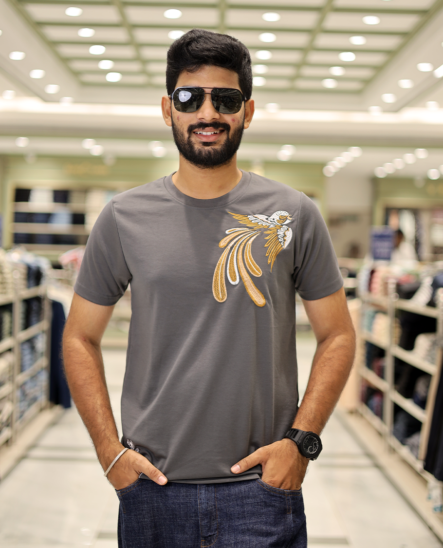 Dark Grey Cotton-Blended T-Shirt Comes with Bird Motifs Embroidery, Half-Sleeves, a Crew Neck, a Slim Fit, and Regular Length