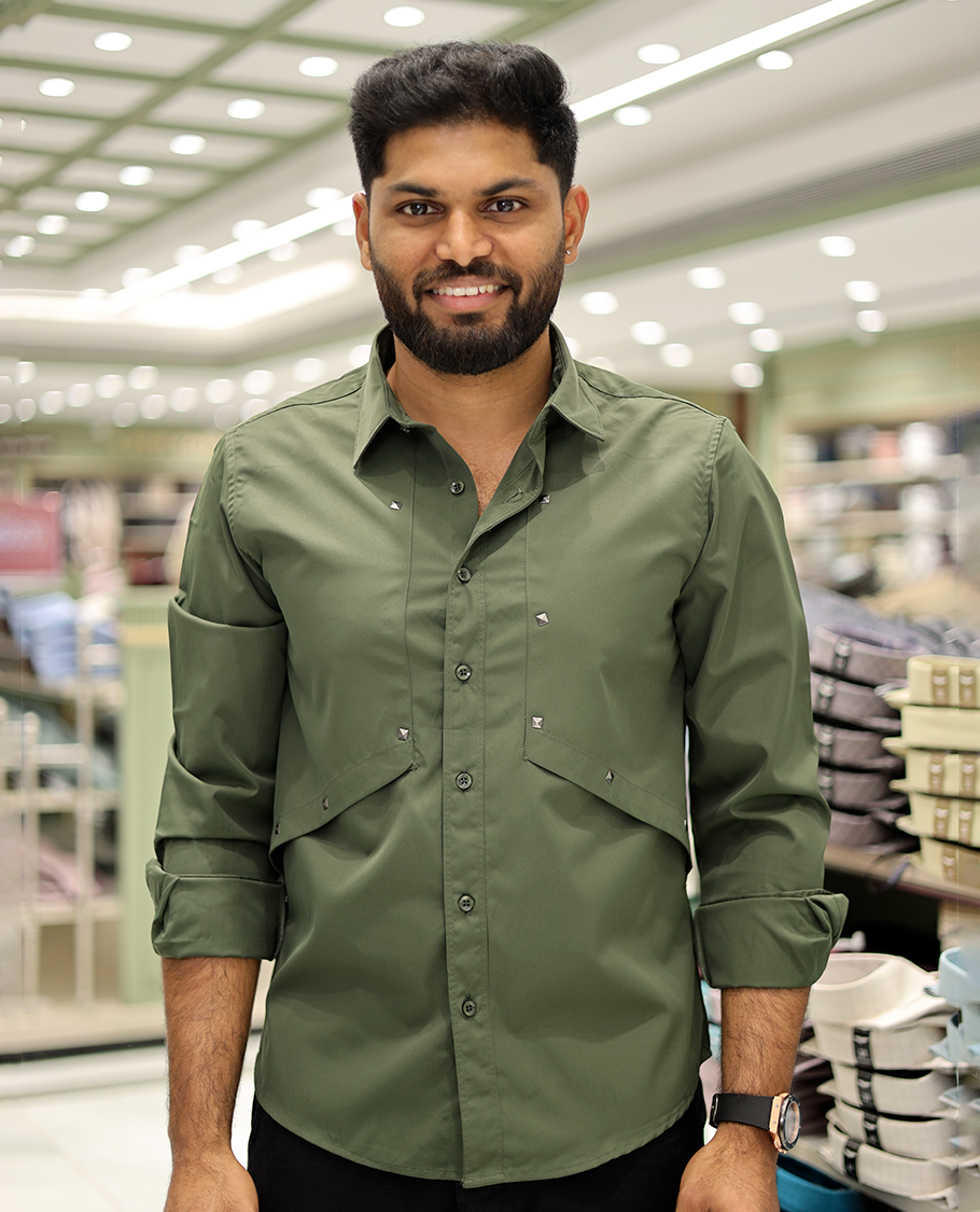 Dark Green Cotton-Blended Casual Shirt Features Life-Quotes Backprint, Full-Sleeves, a Spread Collar, a Regular Fit, and a Regular Length