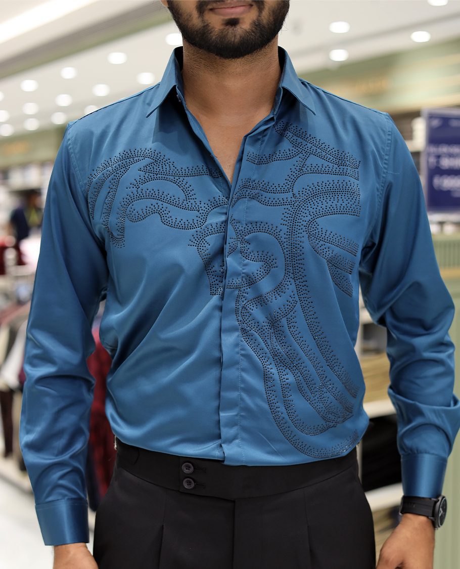 Peacock Blue Poly-Blended Party Wear Shirt, Features Vines-Themed Stone Work, Full Sleeves, a Spread Collar, Slim Fit, and Regular Length