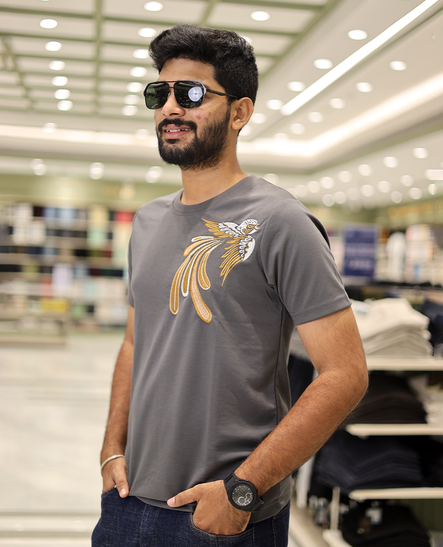 Dark Grey Cotton-Blended T-Shirt Comes with Bird Motifs Embroidery, Half-Sleeves, a Crew Neck, a Slim Fit, and Regular Length