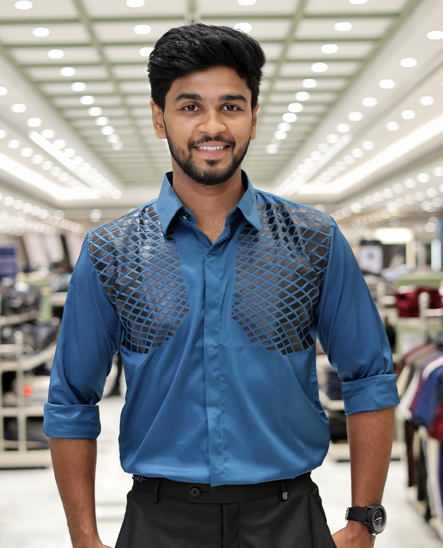 Peacock Blue Poly-Blended Party Wear Shirt, Features Geometric Flock Print, Full Sleeves, Spread Collar, Slim Fit, and Regular Length