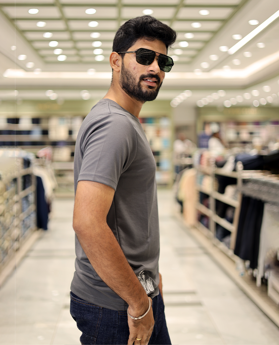 Dark Grey Cotton-Blended T-Shirt Comes with Bird Motifs Embroidery, Half-Sleeves, a Crew Neck, a Slim Fit, and Regular Length
