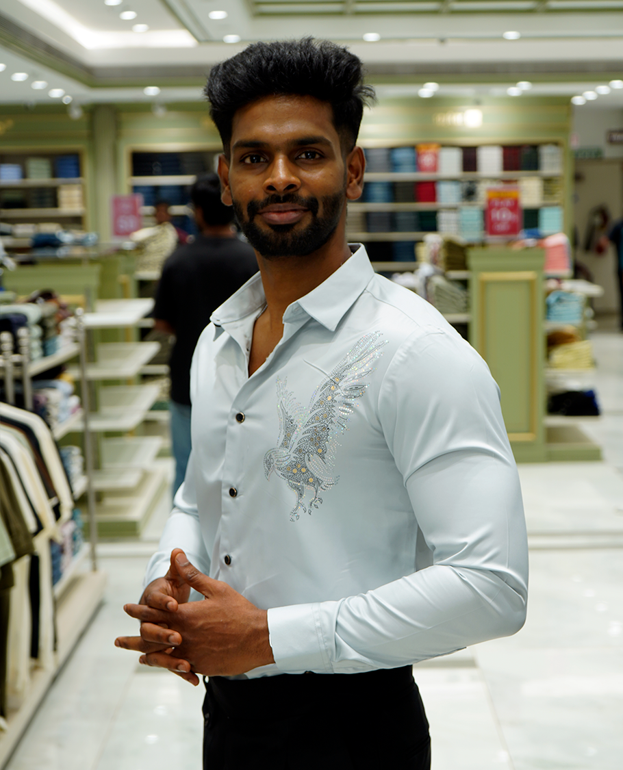 Light Blue Designer Party Wear Shirt Features Bird Embroidered, a Spread Collar, Full Sleeves, a Slim Fit, and Regular Length