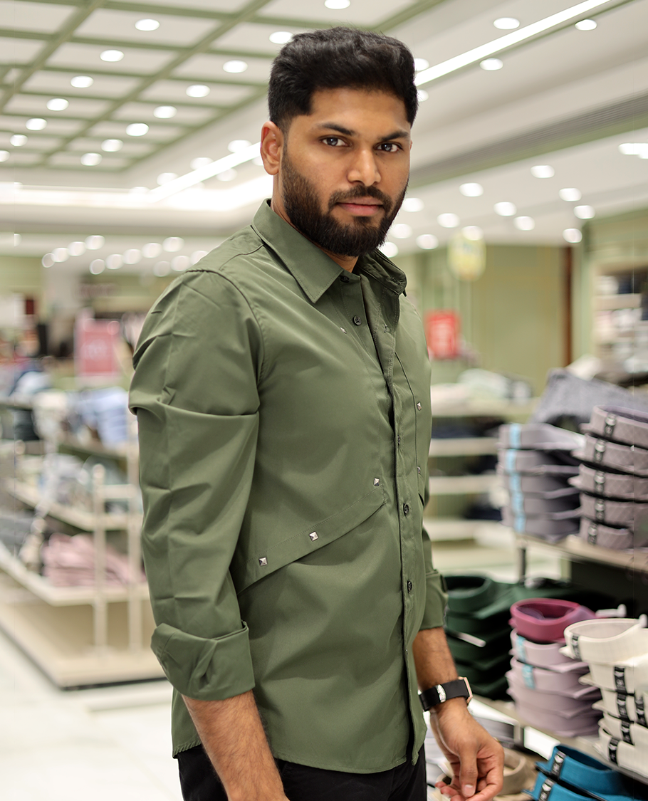 Dark Green Cotton-Blended Casual Shirt Features Life-Quotes Backprint, Full-Sleeves, a Spread Collar, a Regular Fit, and a Regular Length