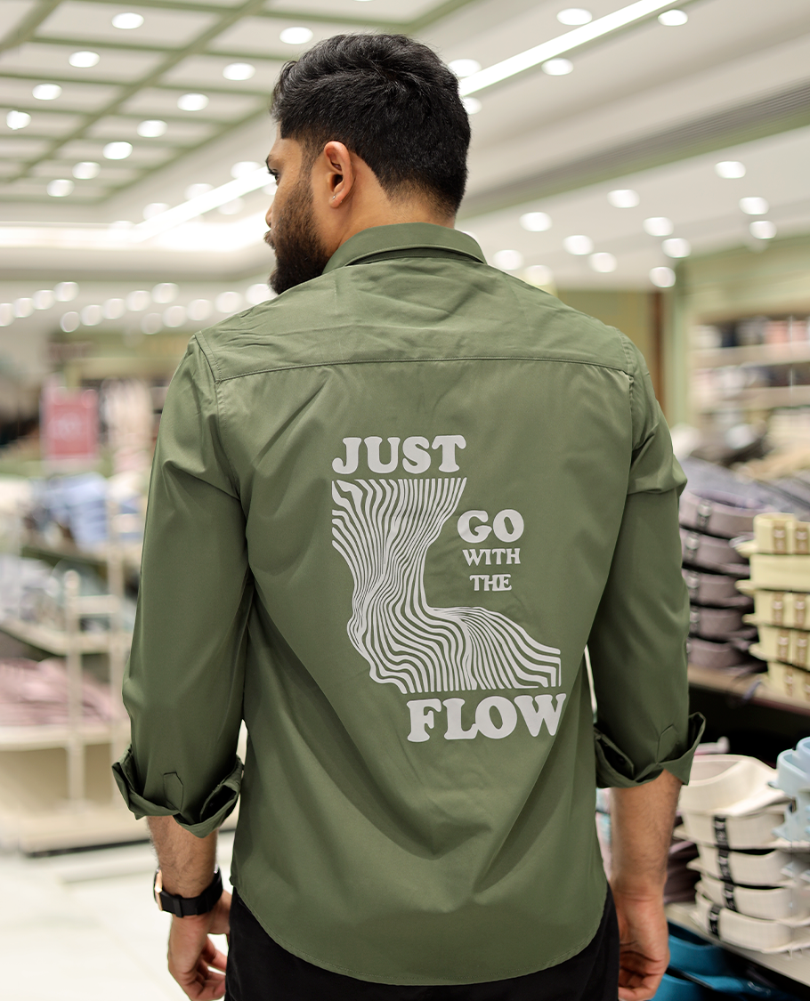 Dark Green Cotton-Blended Casual Shirt Features Life-Quotes Backprint, Full-Sleeves, a Spread Collar, a Regular Fit, and a Regular Length
