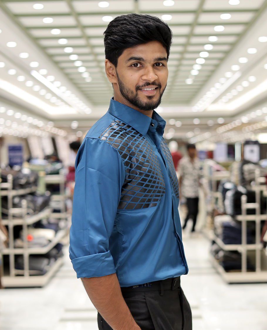 Peacock Blue Poly-Blended Party Wear Shirt, Features Geometric Flock Print, Full Sleeves, Spread Collar, Slim Fit, and Regular Length