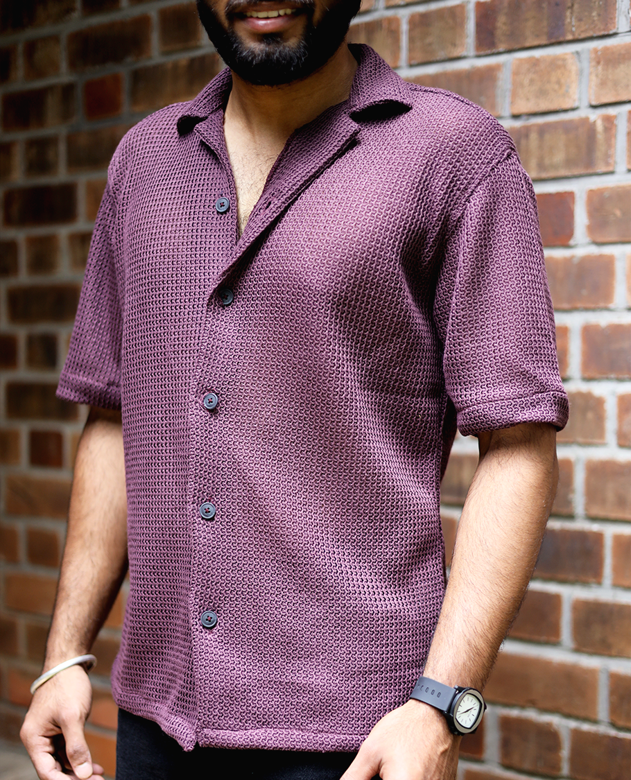 Maroon Cotton-Blended Crochet Casual Shirt Features Half Sleeves, a Regular Fit, a Cuban Collar, and a Regular Length