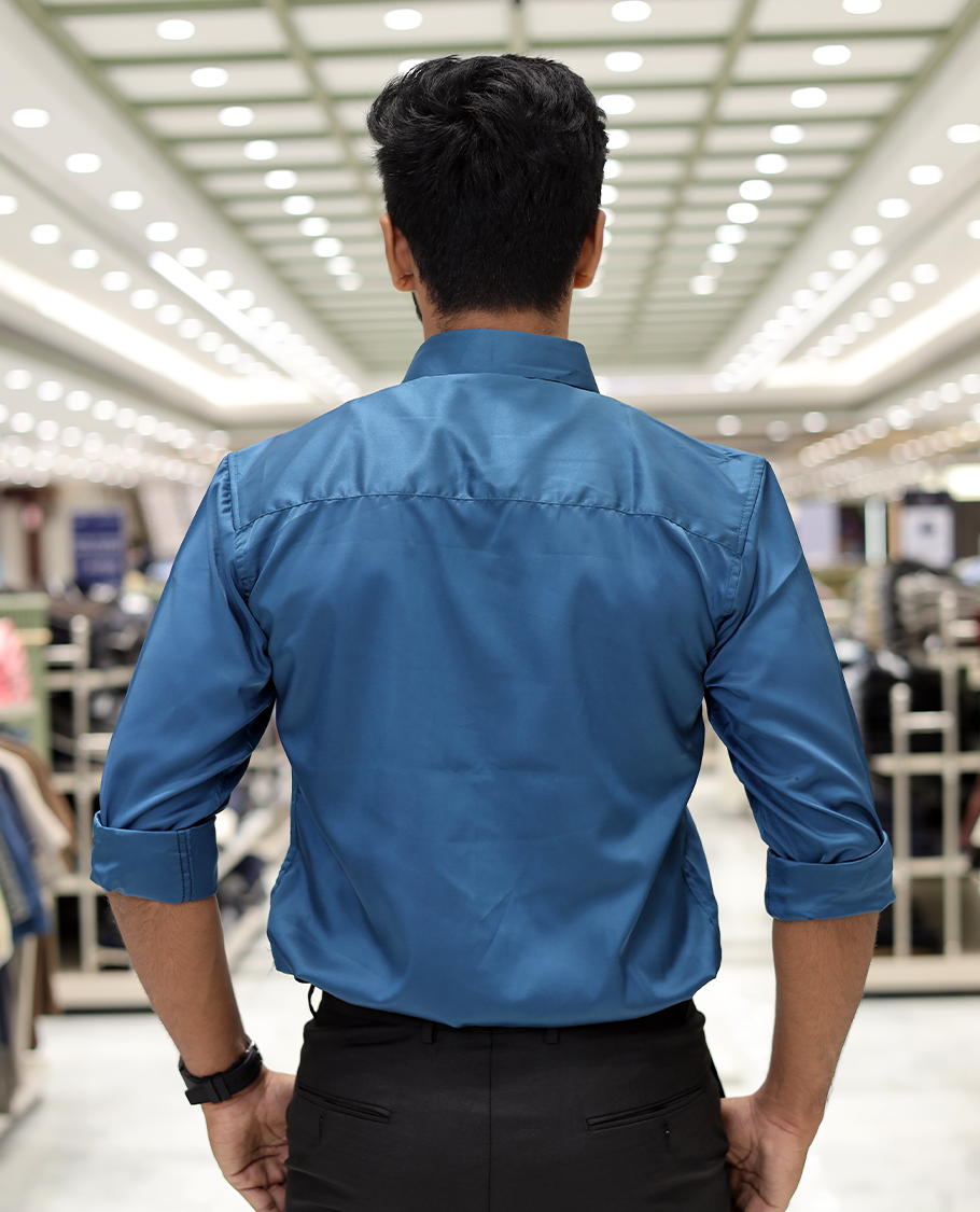 Peacock Blue Poly-Blended Party Wear Shirt, Features Geometric Flock Print, Full Sleeves, Spread Collar, Slim Fit, and Regular Length