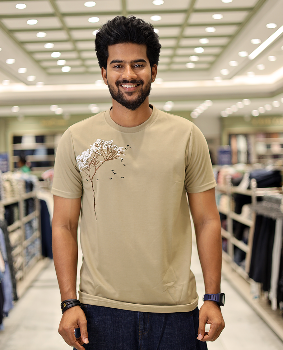 Dark Beige Cotton-Blended T-Shirt Comes with Tree-Bird Motifs Embroidery, Half-Sleeves, a Crew Neck, a Slim Fit, and Regular Length