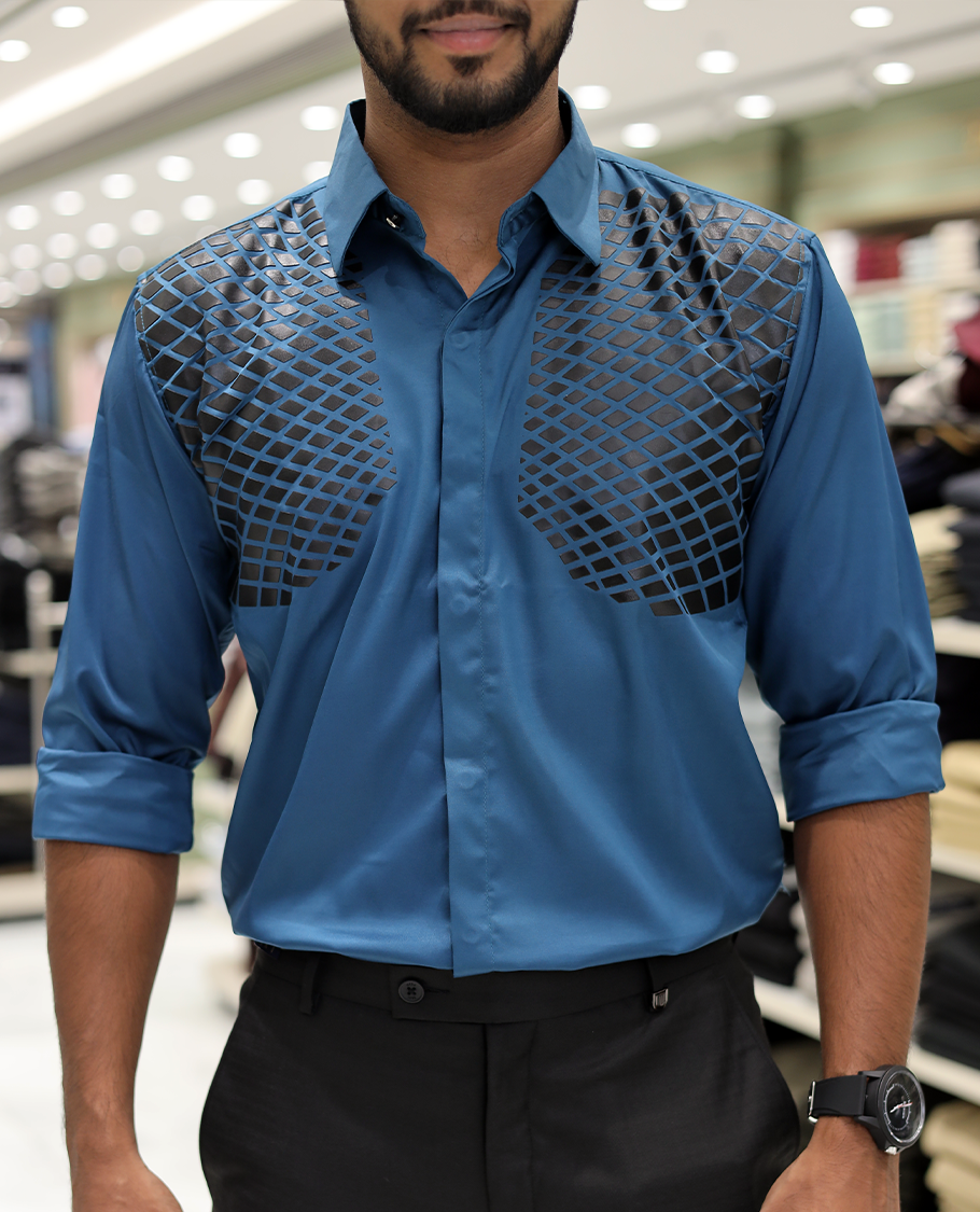 Peacock Blue Poly-Blended Party Wear Shirt, Features Geometric Flock Print, Full Sleeves, Spread Collar, Slim Fit, and Regular Length