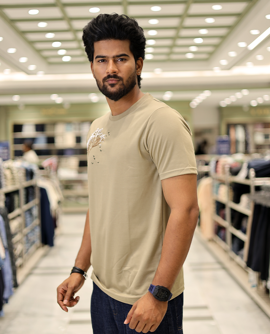 Dark Beige Cotton-Blended T-Shirt Comes with Tree-Bird Motifs Embroidery, Half-Sleeves, a Crew Neck, a Slim Fit, and Regular Length
