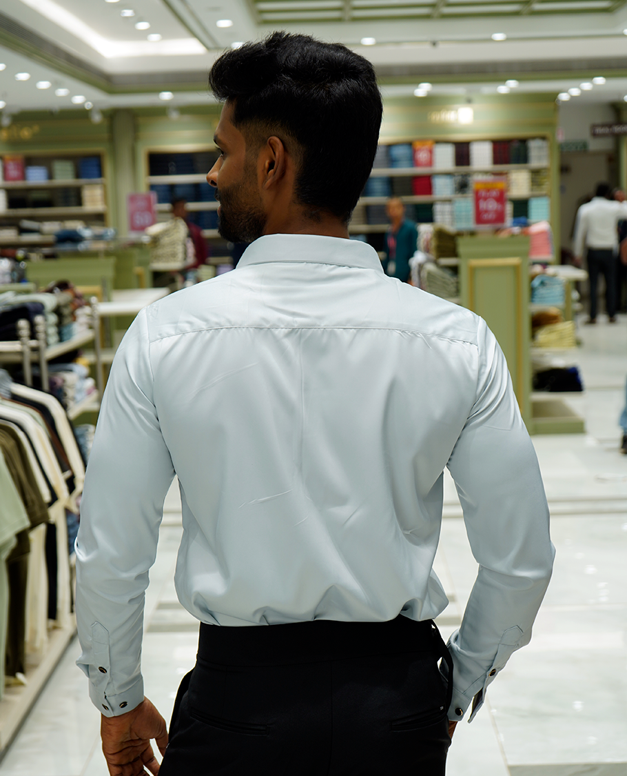 Light Blue Designer Party Wear Shirt Features Bird Embroidered, a Spread Collar, Full Sleeves, a Slim Fit, and Regular Length