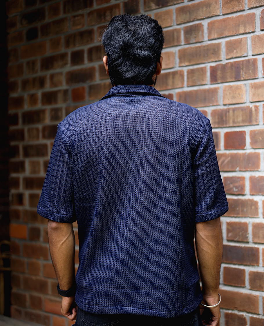 Navy Cotton-Blended Crochet Casual Shirt Features Half Sleeves, a Regular Fit, a Cuban Collar, and a Regular Length