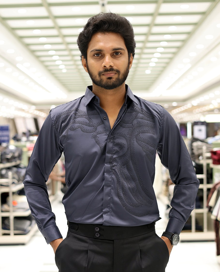 Grey Poly-Blended Party Wear Shirt, Features Vines-Themed Stone Work, Full Sleeves, a Spread Collar, Slim Fit, and Regular Length